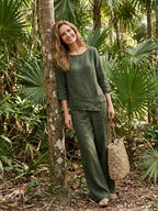 100% Linen Asymmetric-Hem Button-Trim Top NYLA