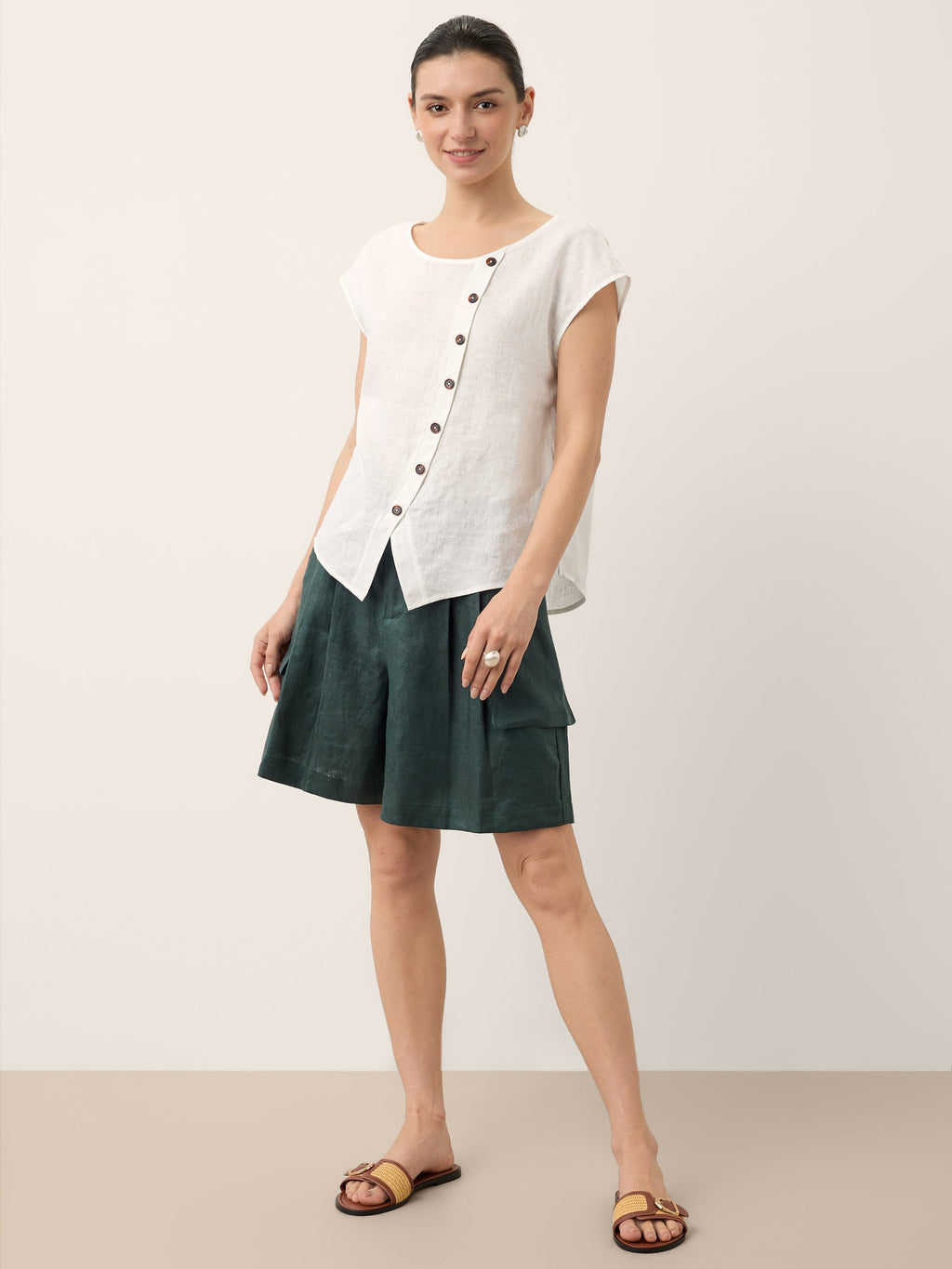 100% Linen Asymmetric Placket Cap Sleeve Top EVALINA