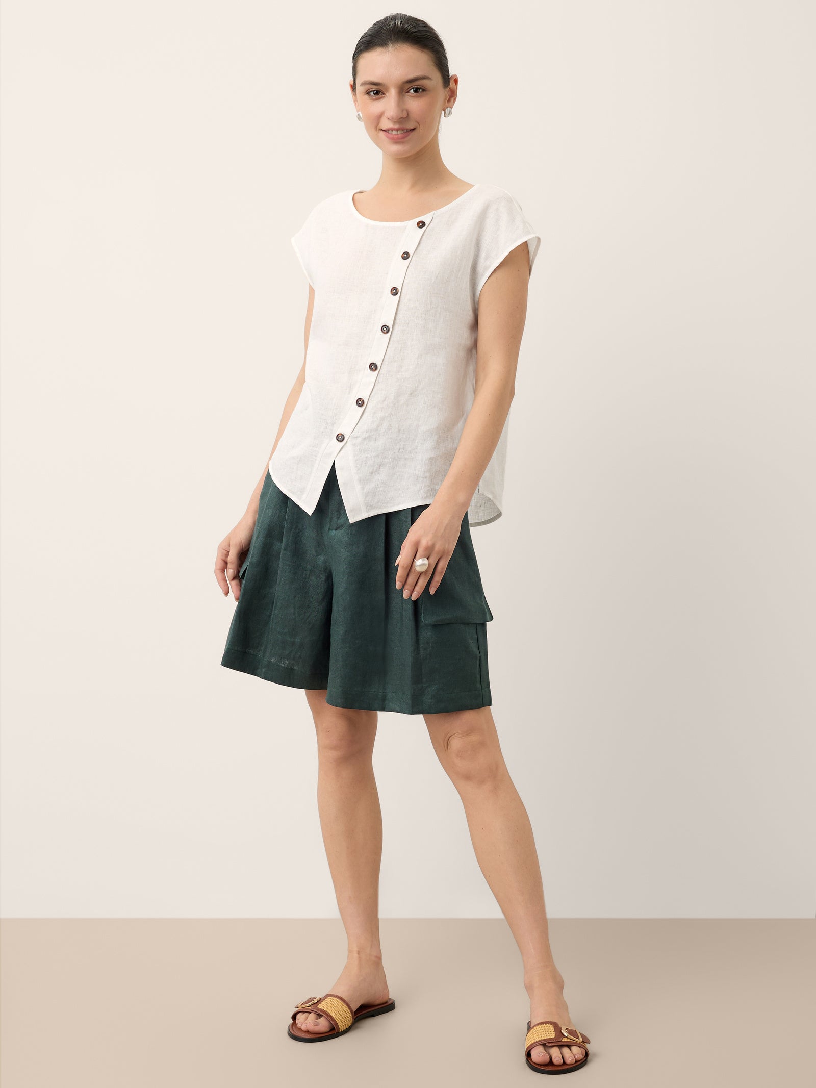 100% Linen Asymmetric Placket Cap Sleeve Top EVALINA