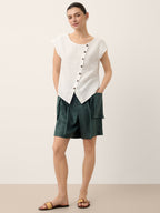 100% Linen Asymmetric Placket Cap Sleeve Top EVALINA