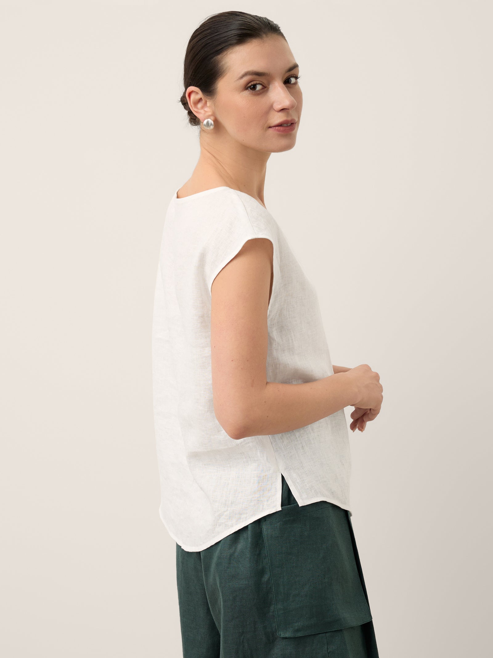 100% Linen Asymmetric Placket Cap Sleeve Top EVALINA