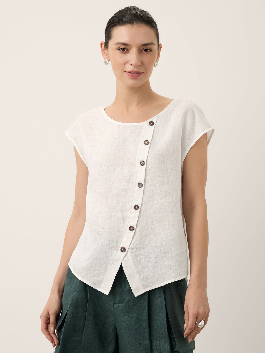 100% Linen Asymmetric Placket Cap Sleeve Top EVALINA