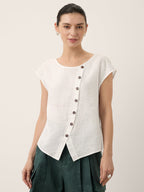 100% Linen Asymmetric Placket Cap Sleeve Top EVALINA
