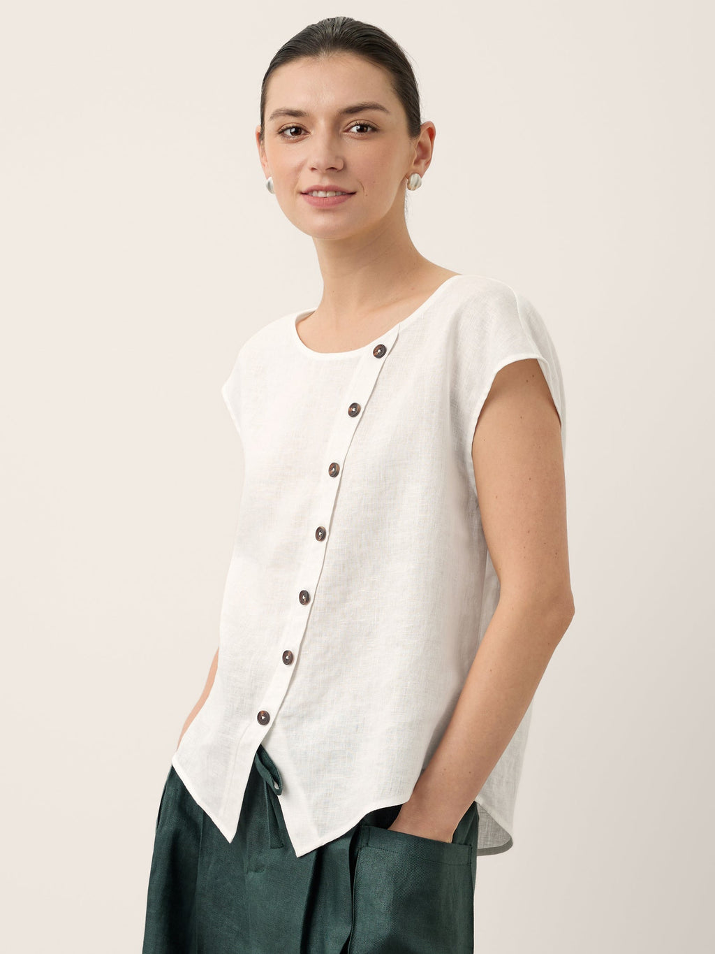 100% Linen Asymmetric Placket Cap Sleeve Top EVALINA