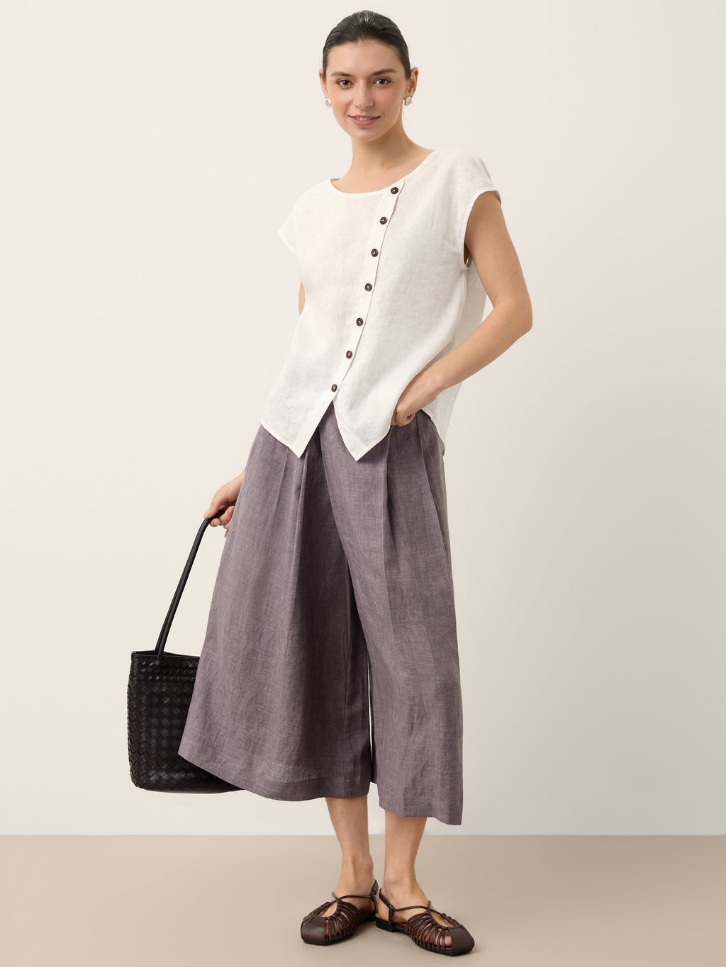 100% Linen Asymmetric Placket Cap Sleeve Top EVALINA