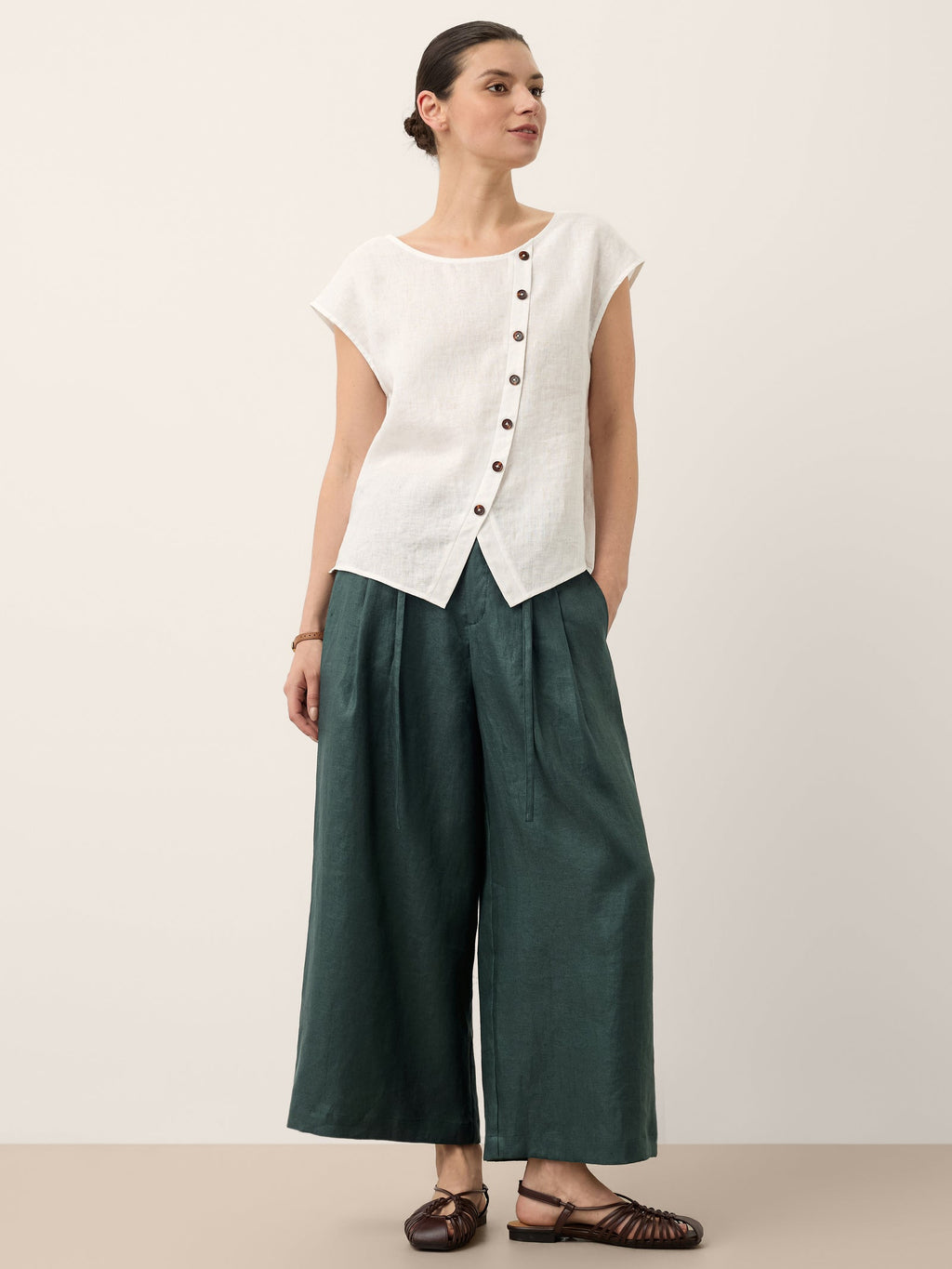 100% Linen Asymmetric Placket Cap Sleeve Top EVALINA