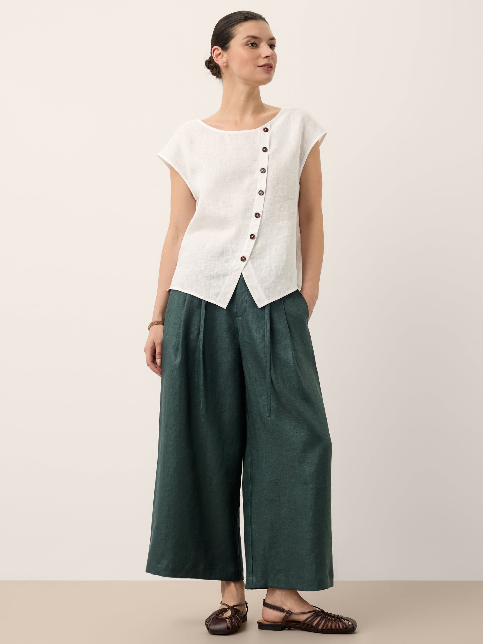100% Linen Asymmetric Placket Cap Sleeve Top EVALINA