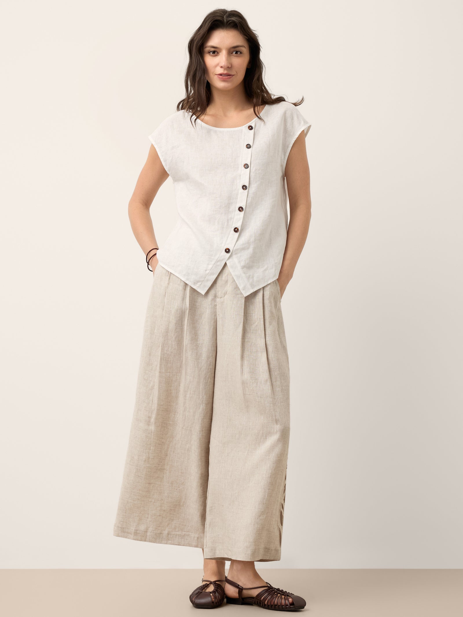 100% Linen Asymmetric Placket Cap Sleeve Top EVALINA