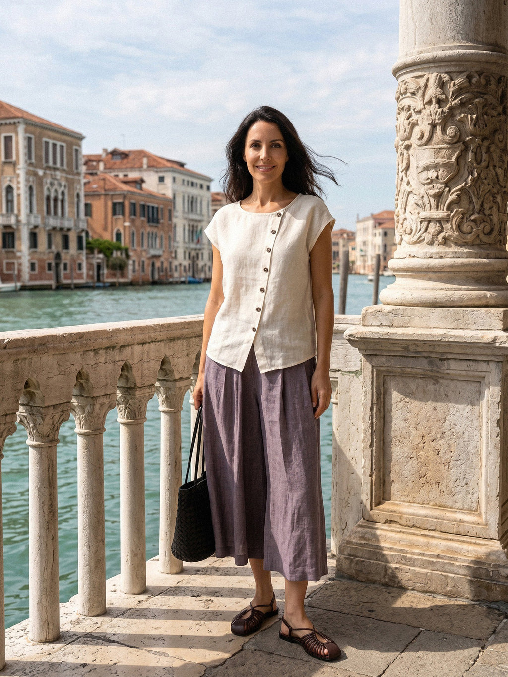 100% Linen Asymmetric Placket Cap Sleeve Top EVALINA