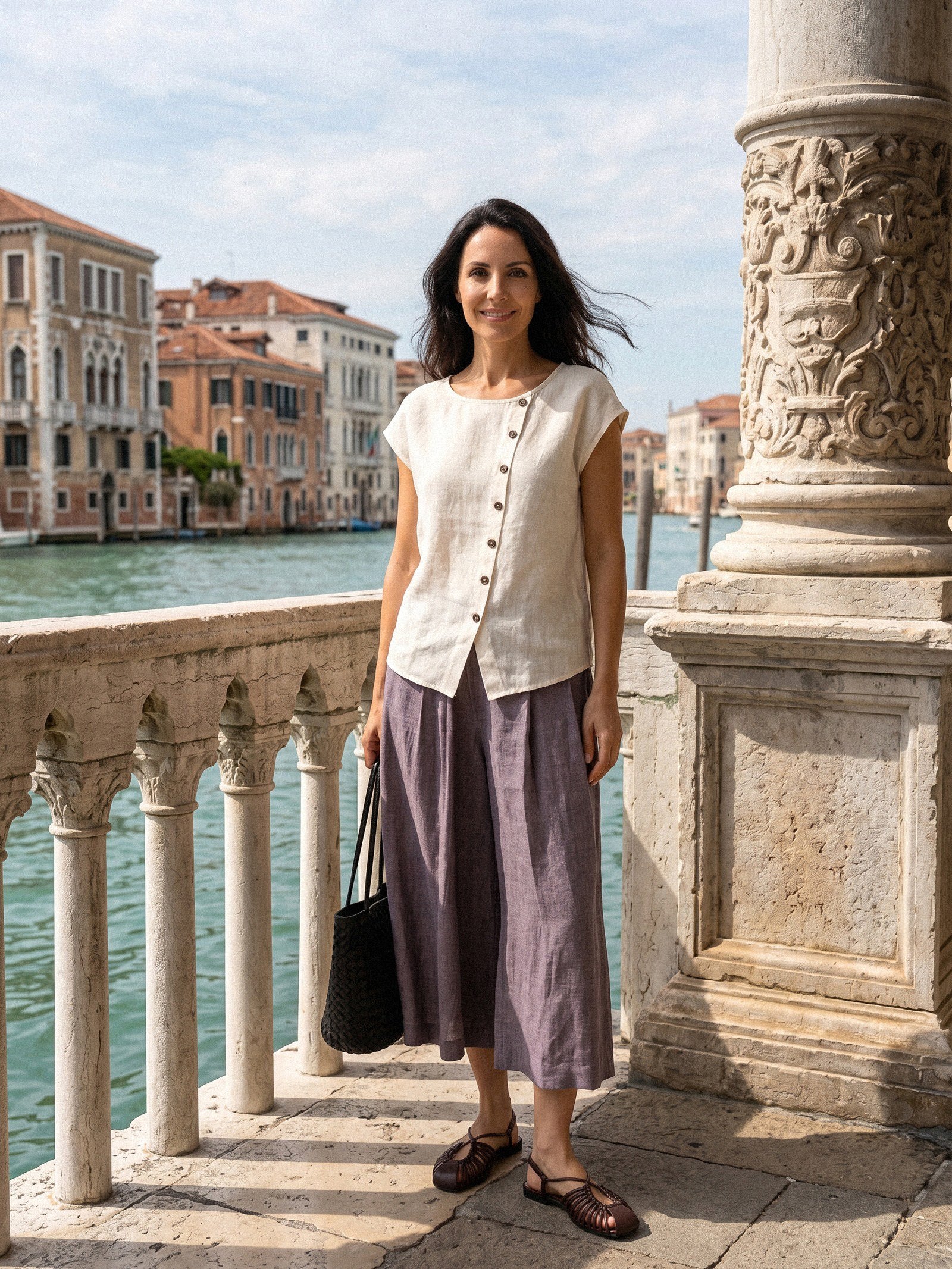 100% Linen Asymmetric Placket Cap Sleeve Top EVALINA