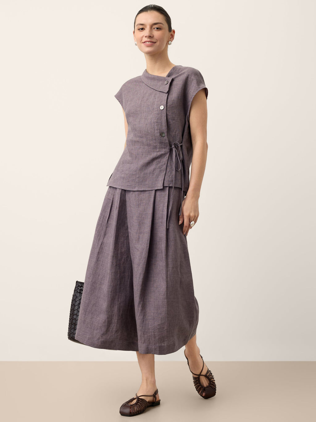 100% Linen Asymmetric Wrap Tie Waist Top GRETCHEN