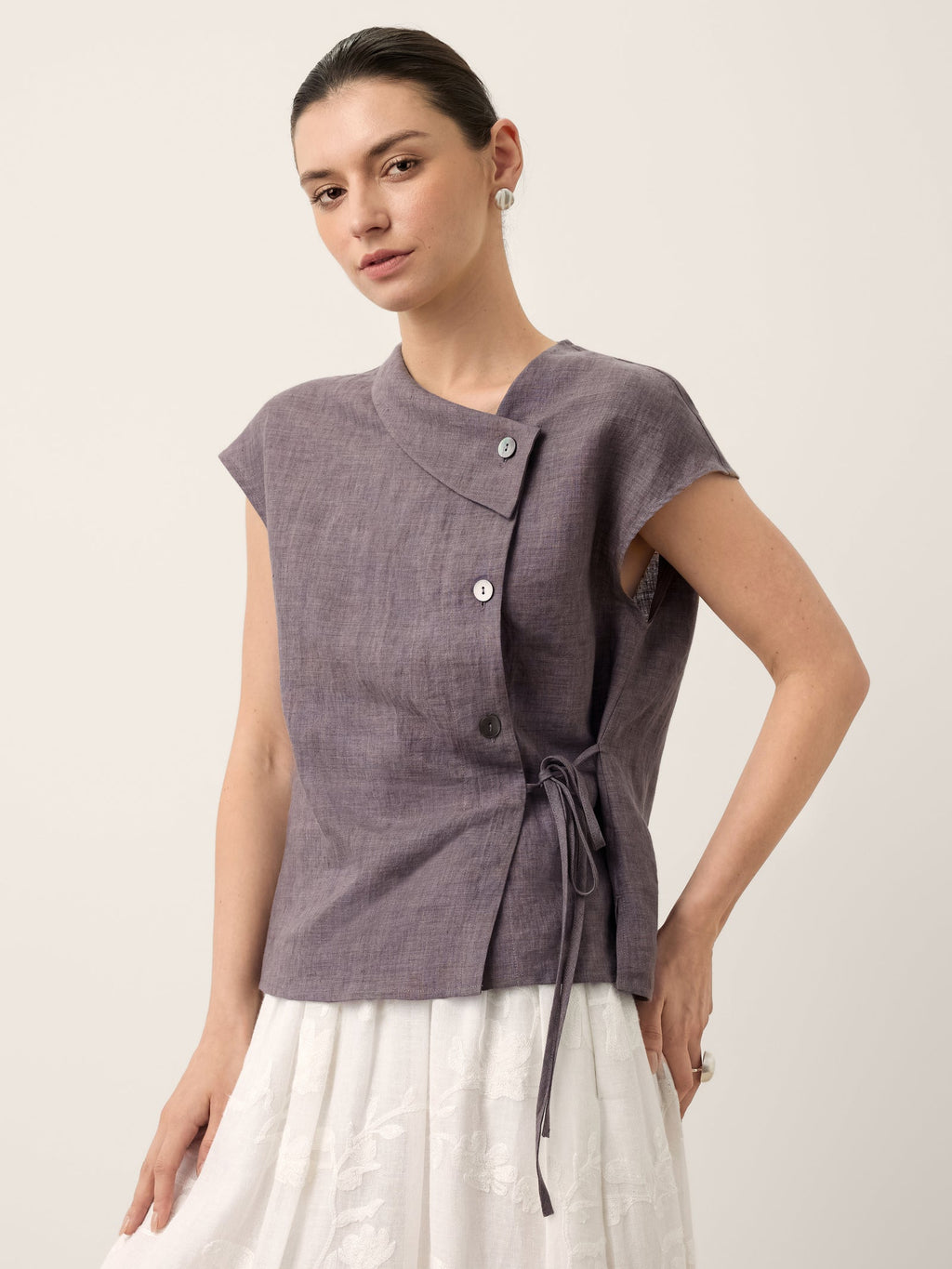 100% Linen Asymmetric Wrap Tie Waist Top GRETCHEN