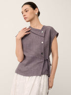 100% Linen Asymmetric Wrap Tie Waist Top GRETCHEN