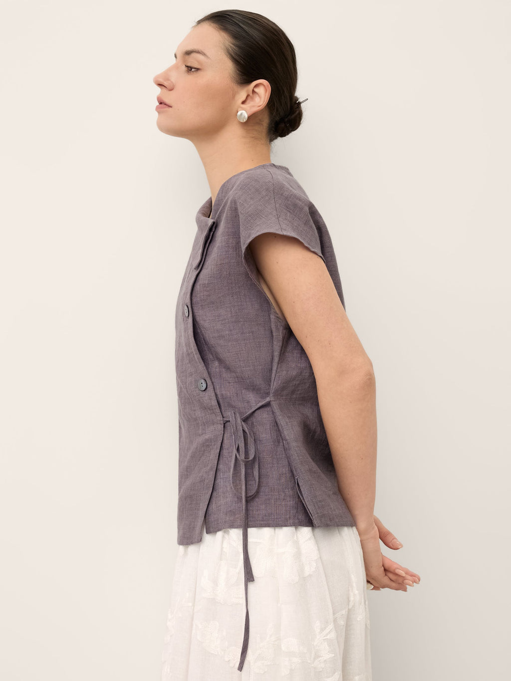 100% Linen Asymmetric Wrap Tie Waist Top GRETCHEN