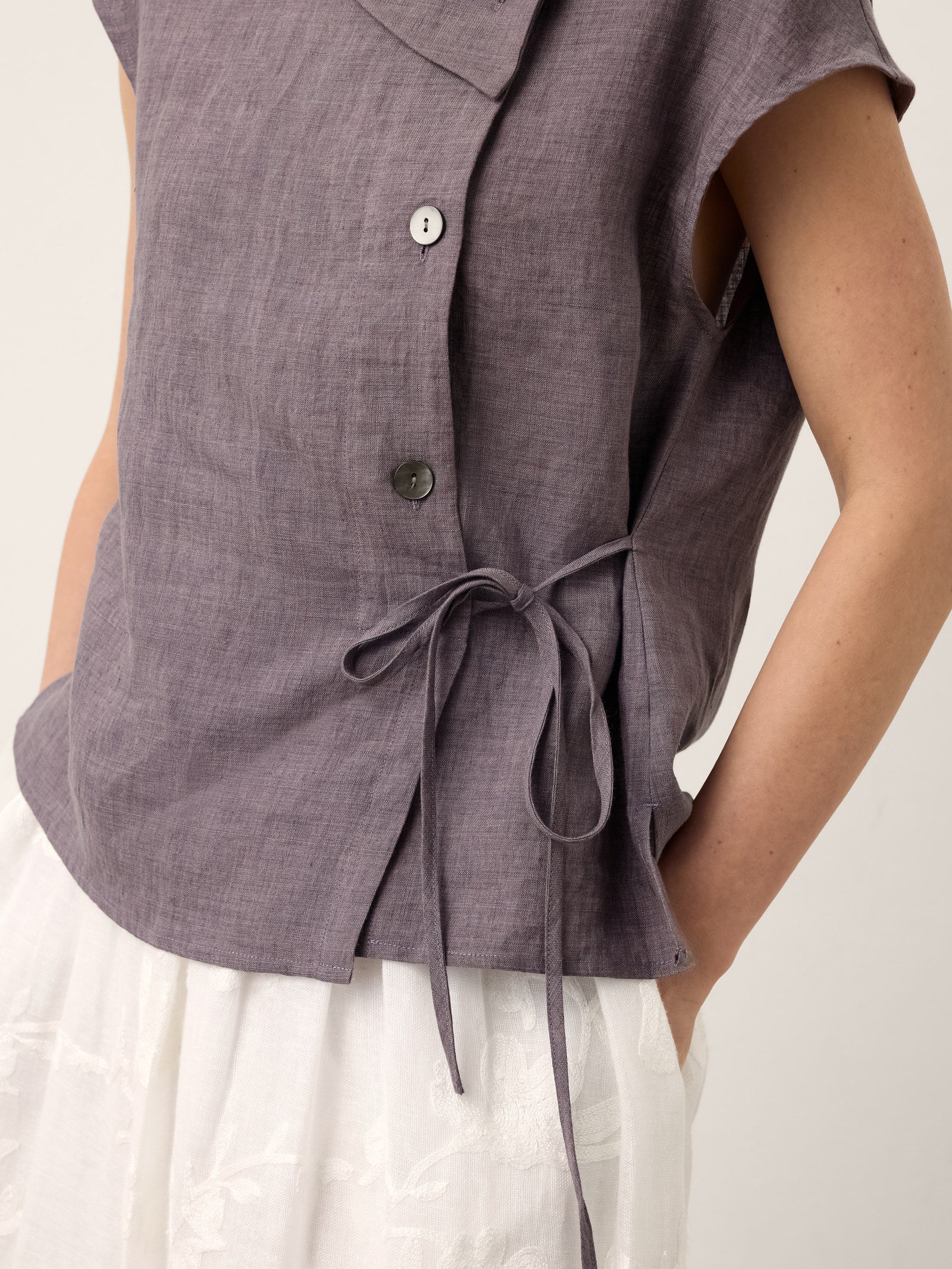 100% Linen Asymmetric Wrap Tie Waist Top GRETCHEN