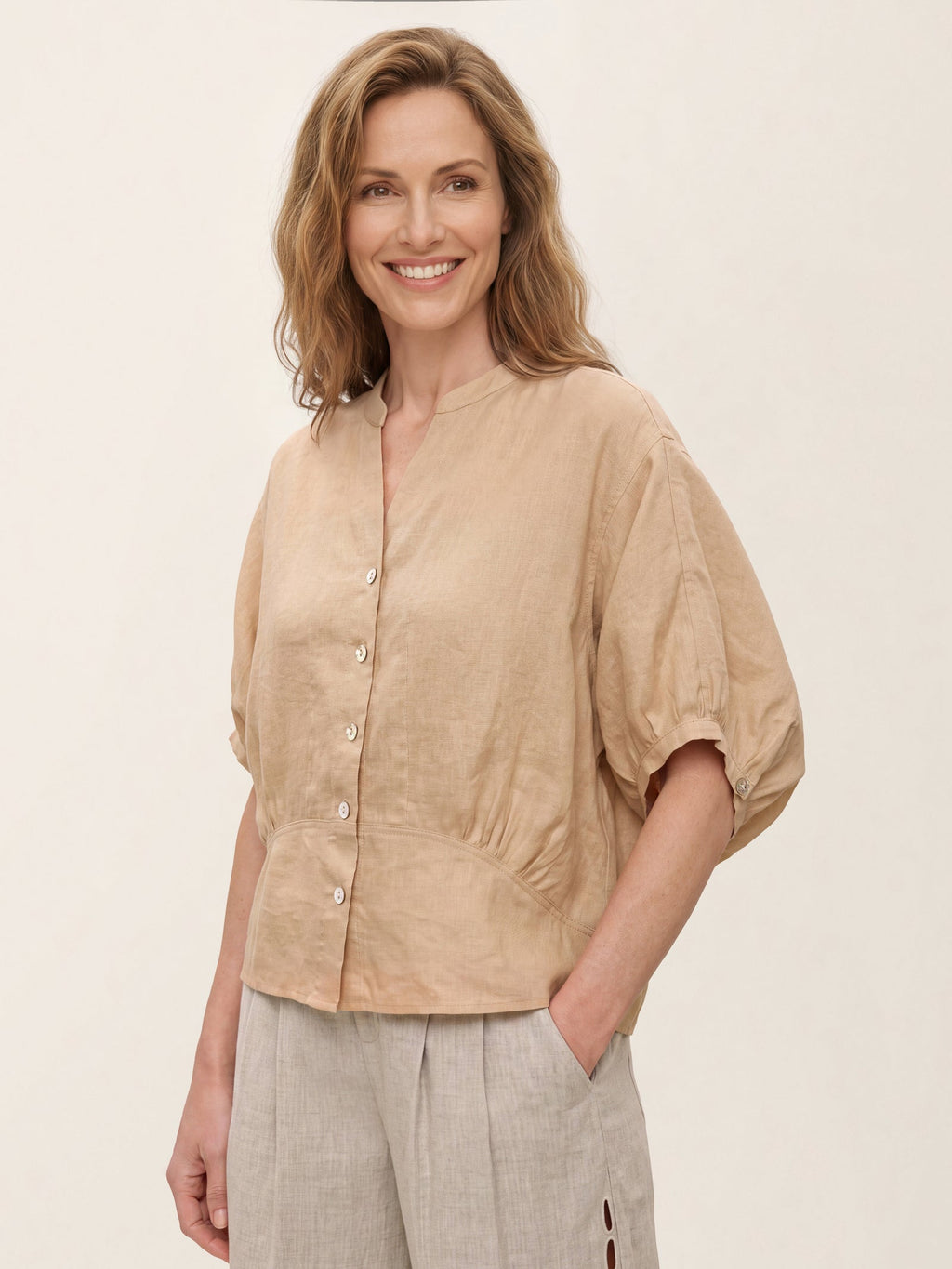 100% Linen Batwing Sleeve Peplum Shirt MIRELLA