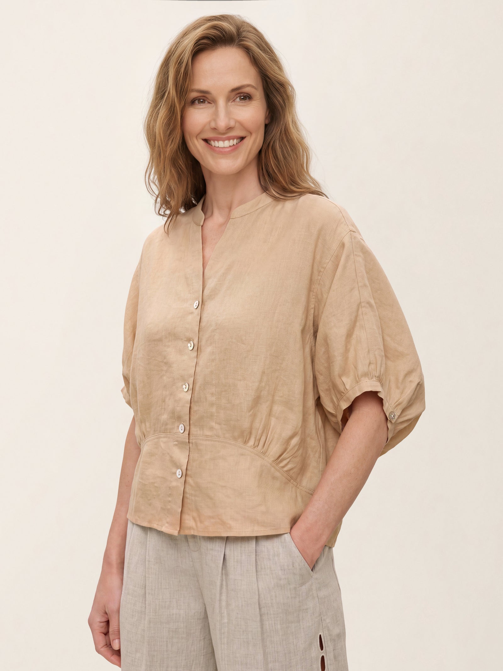 100% Linen Batwing Sleeve Peplum Shirt MIRELLA