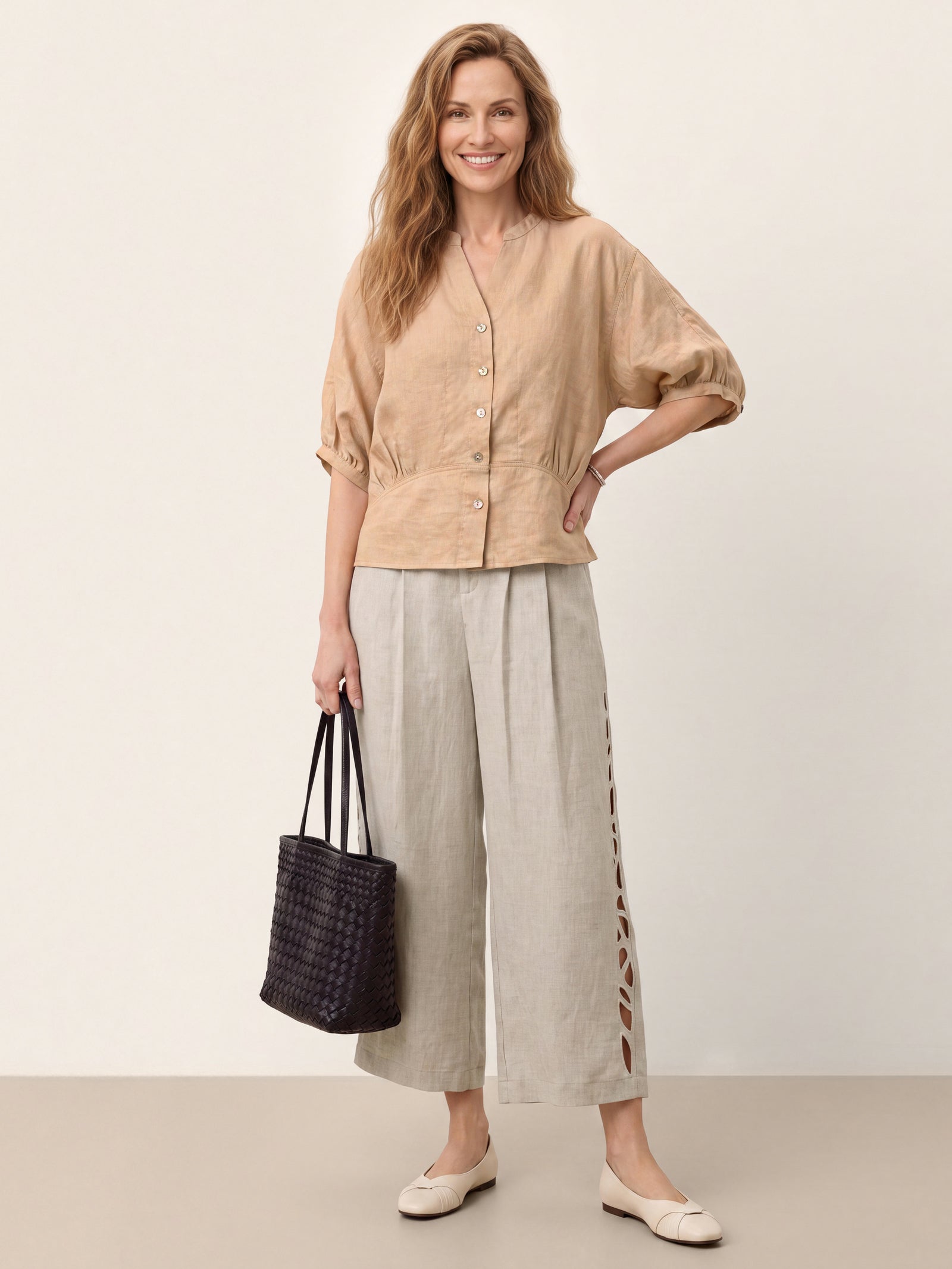 100% Linen Batwing Sleeve Peplum Shirt MIRELLA