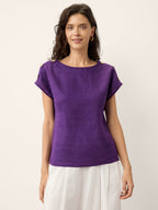 100% Linen Round Neck Button Detail Top ISABELLE