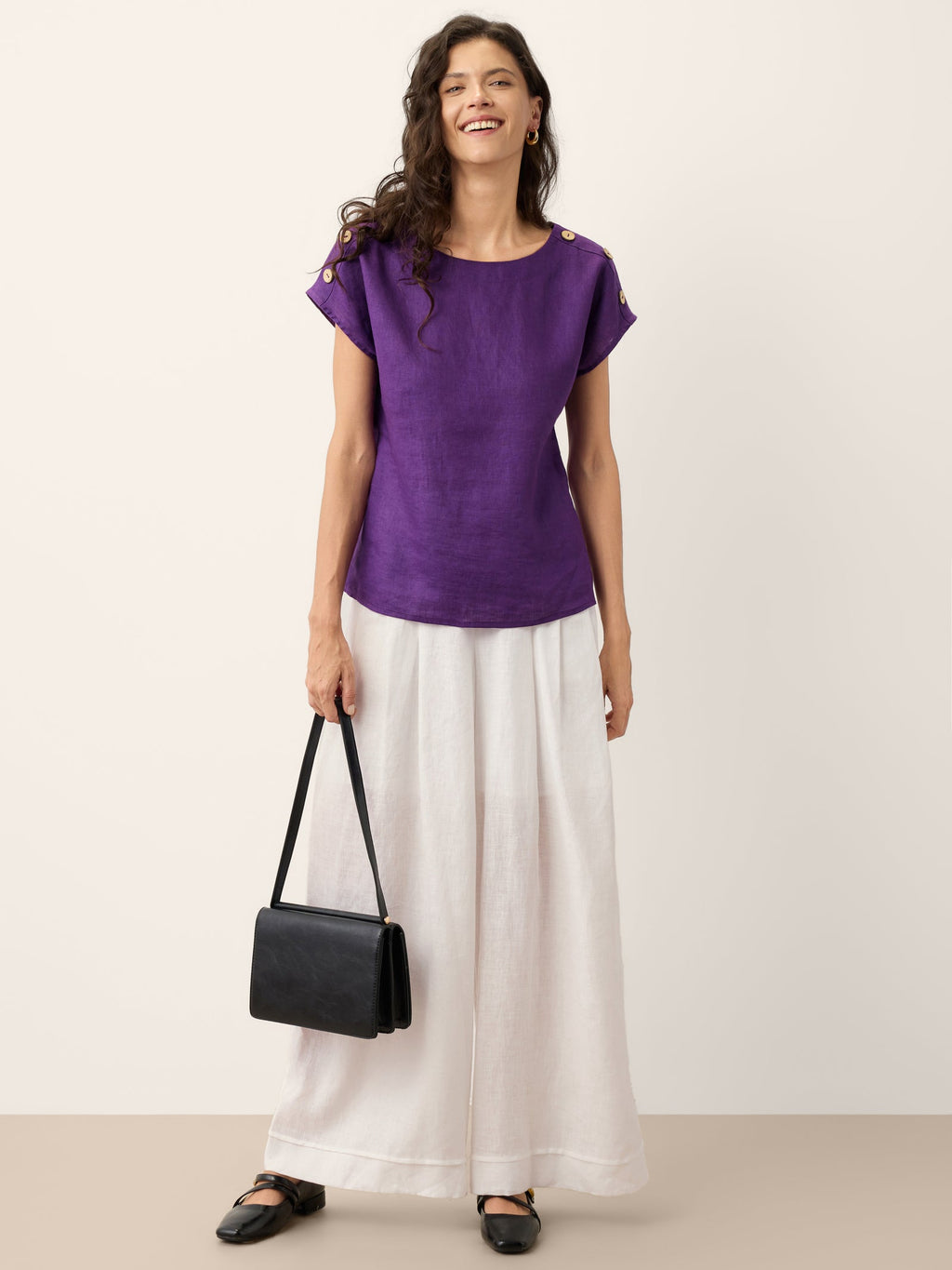 100% Linen Round Neck Button Detail Top ISABELLE