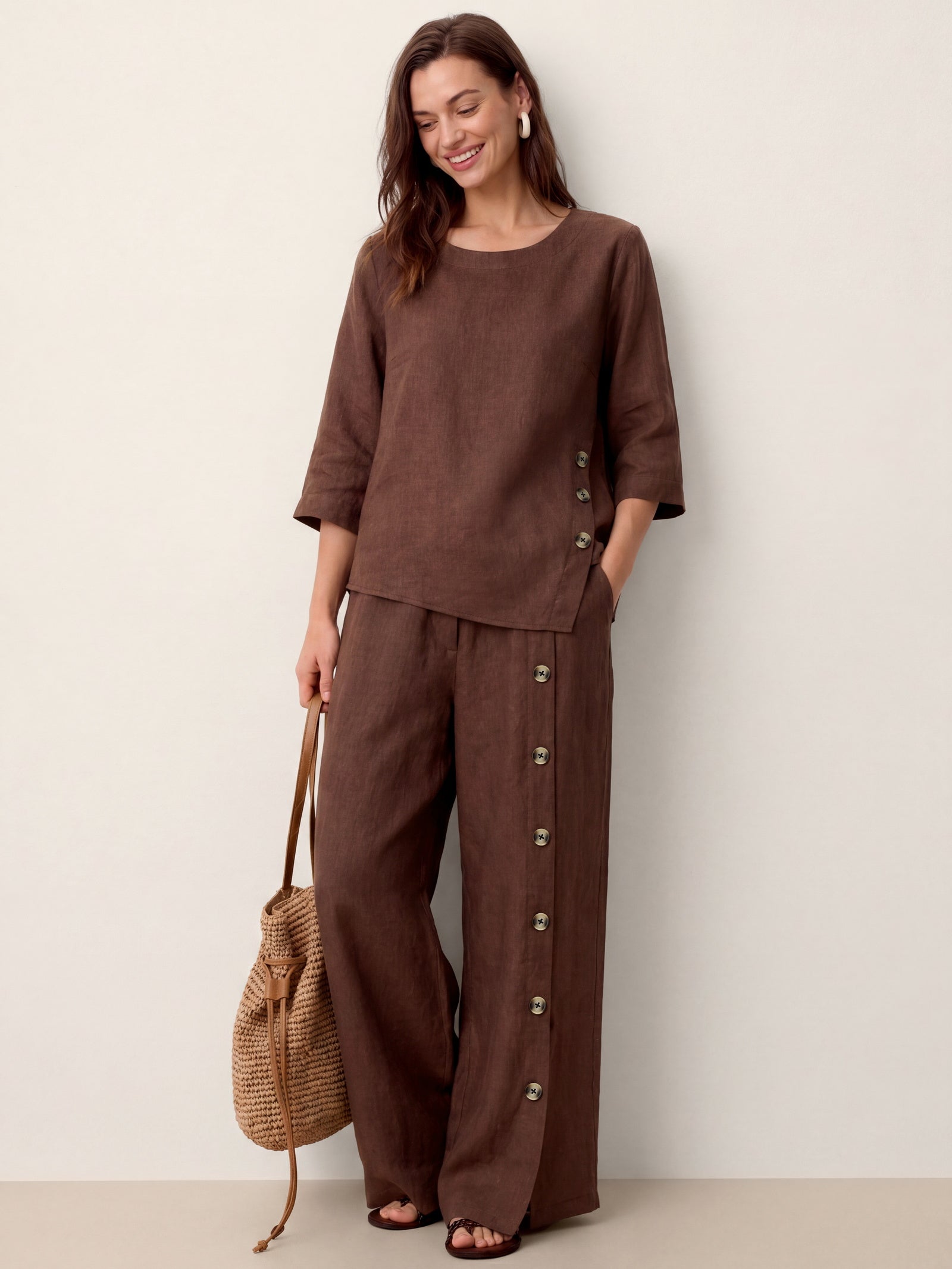 100% Linen Buttoned Slit-Hem Pants KATYA