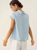 100% Linen Cap Sleeve Soft-Fold Collar Top YVONNE
