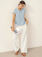 100% Linen Cap Sleeve Soft-Fold Collar Top YVONNE