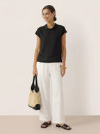 100% Linen Cap Sleeve Soft-Fold Collar Top YVONNE
