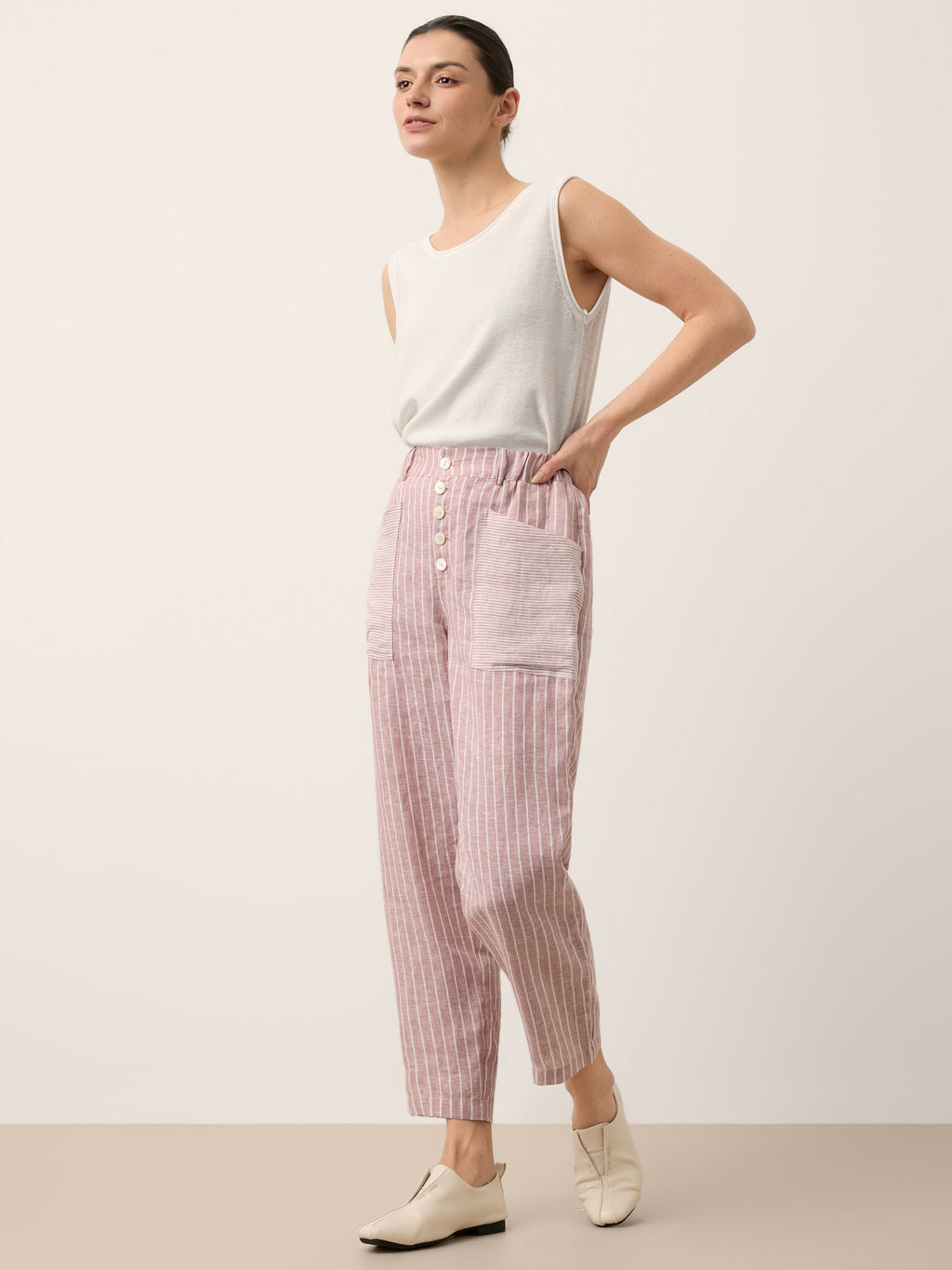 100% Linen Striped Patch Pocket Tapered Pants NERISSAH