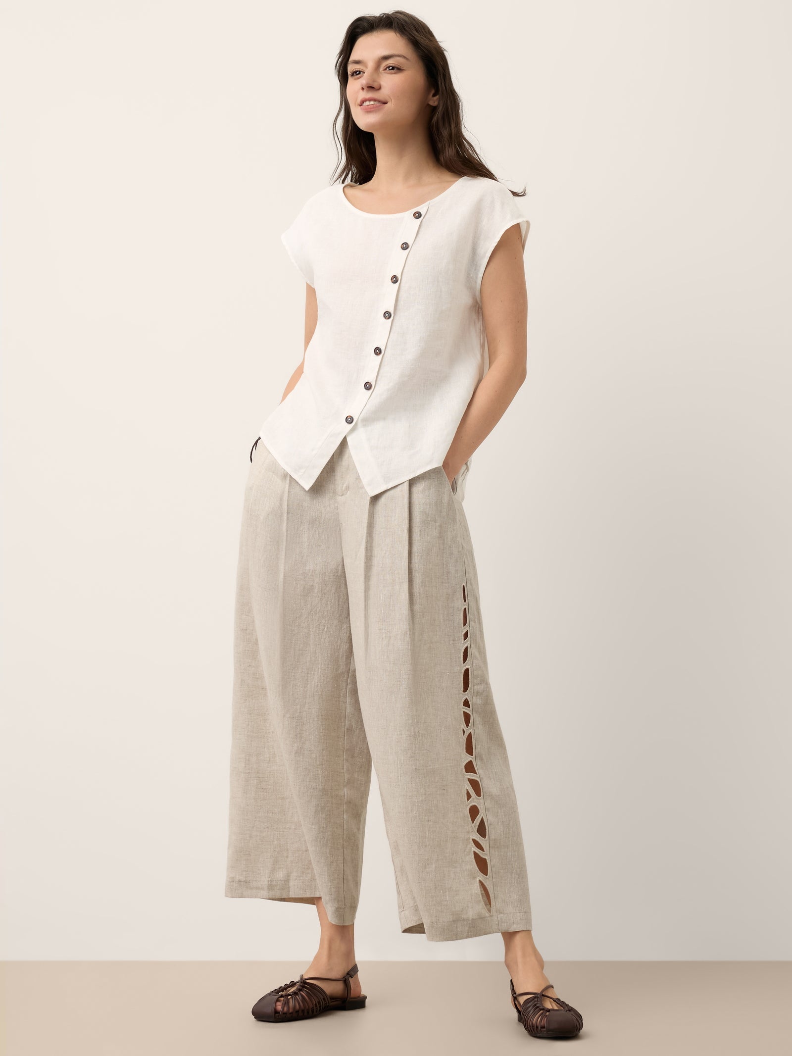 100% Linen Cutwork Side Detail Elasticated Waist Cropped Wide Leg Pants RAMONA