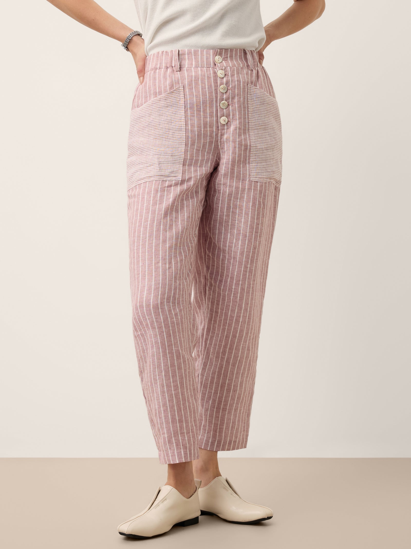 100% Linen Striped Patch Pocket Tapered Pants NERISSAH