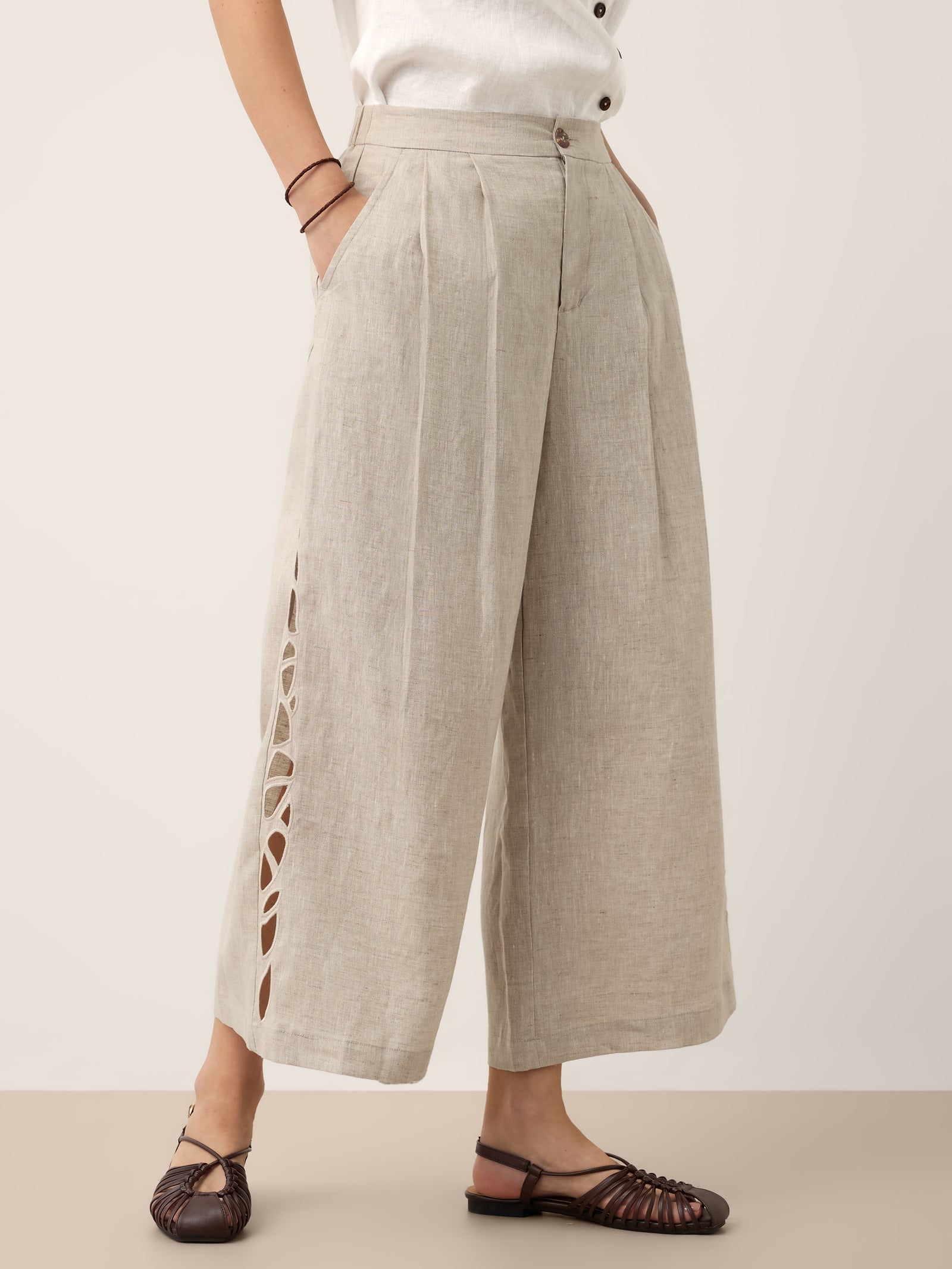 100% Linen Cutwork Side Detail Elasticated Waist Cropped Wide Leg Pants RAMONA