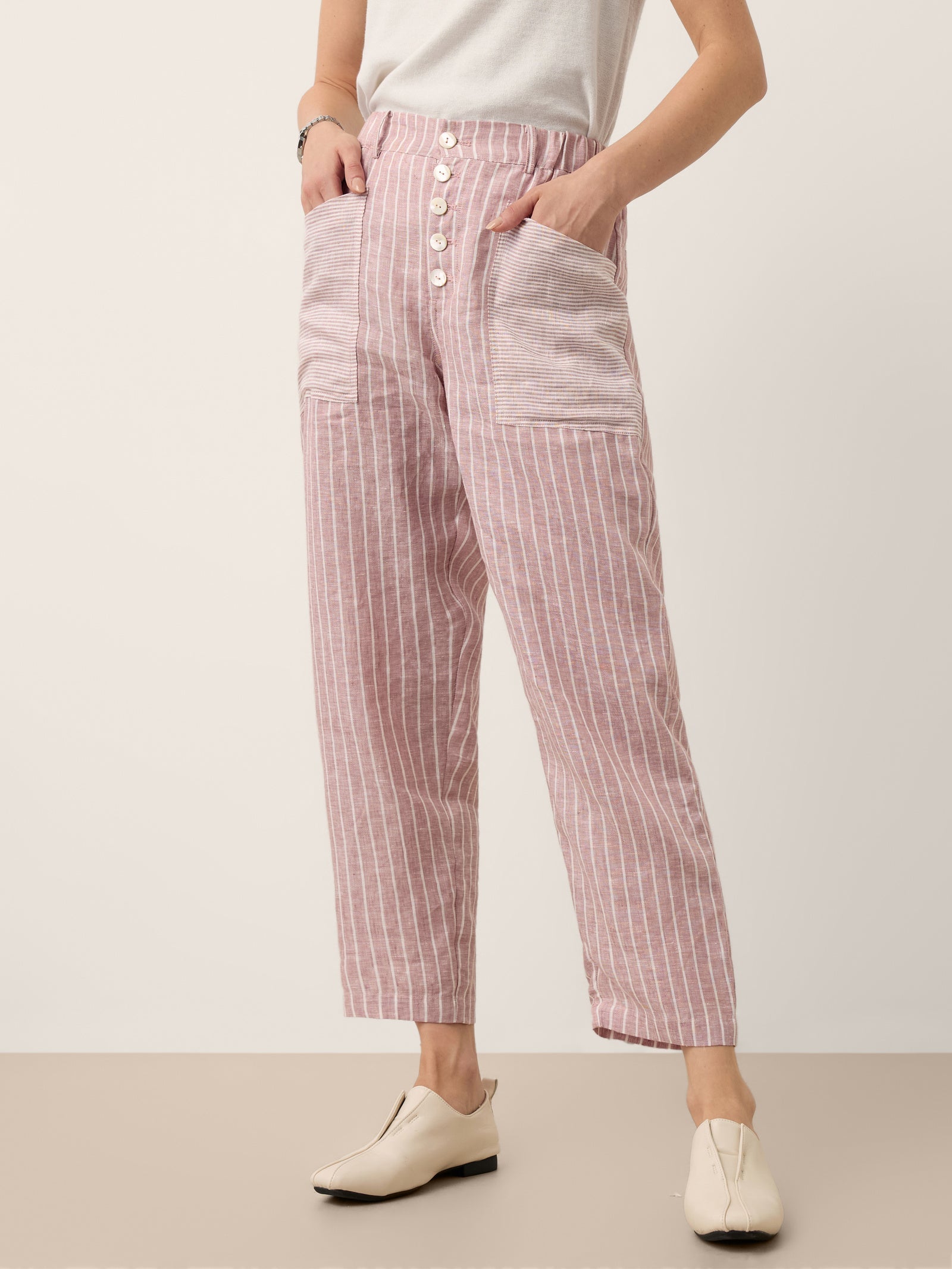 100% Linen Striped Patch Pocket Tapered Pants NERISSAH