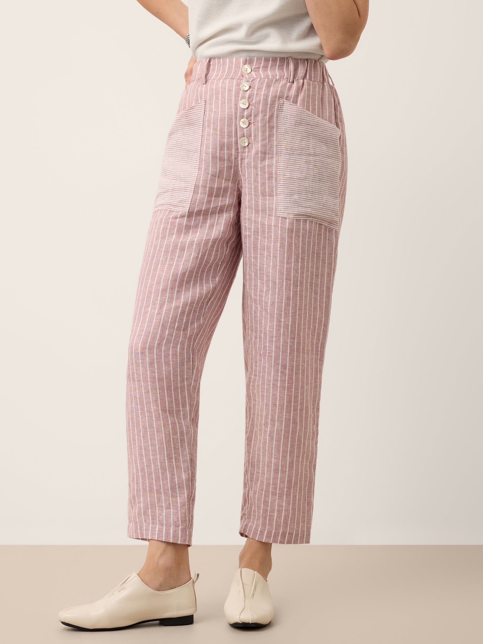 100% Linen Striped Patch Pocket Tapered Pants NERISSAH