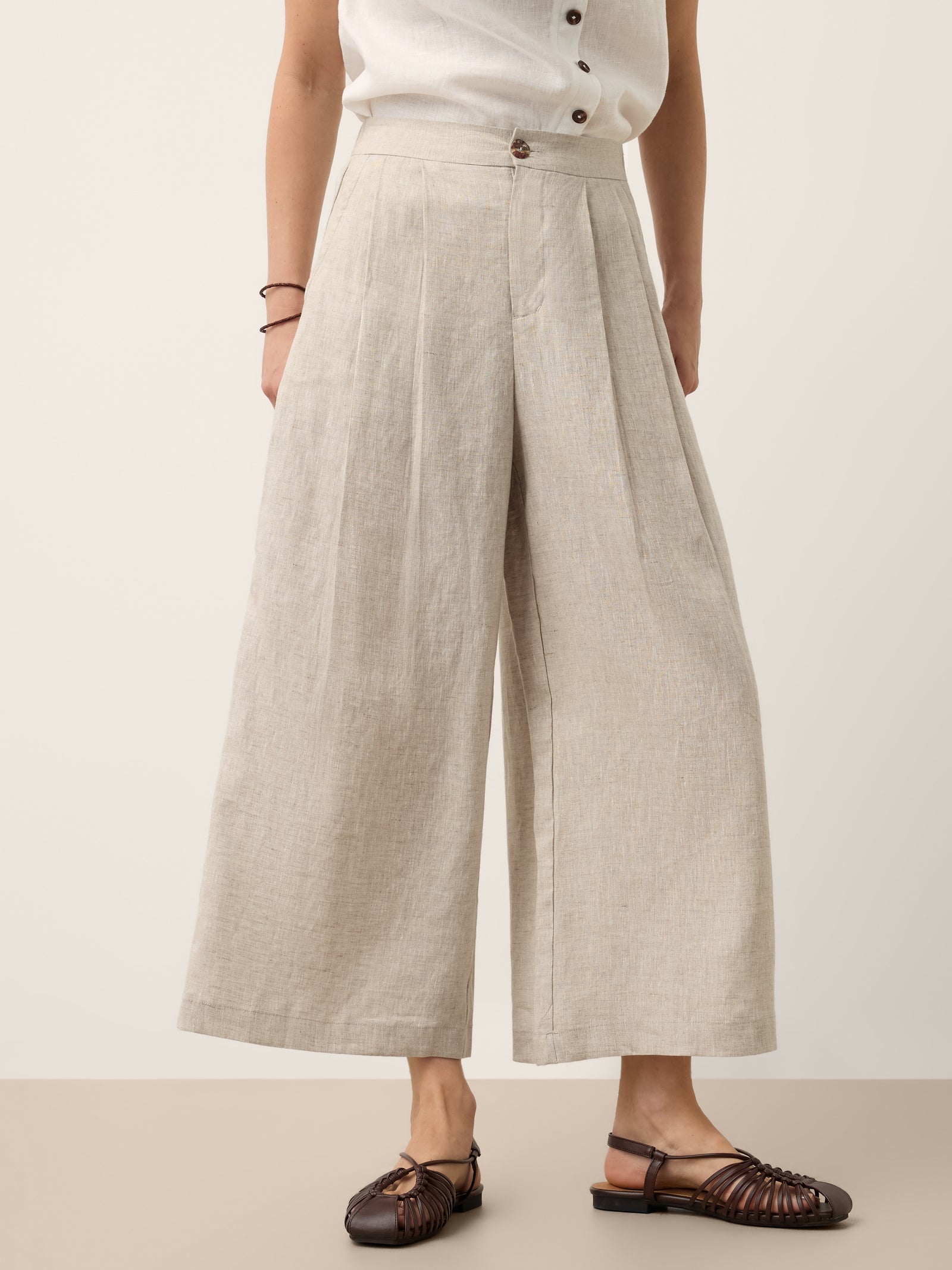 100% Linen Cutwork Side Detail Elasticated Waist Cropped Wide Leg Pants RAMONA