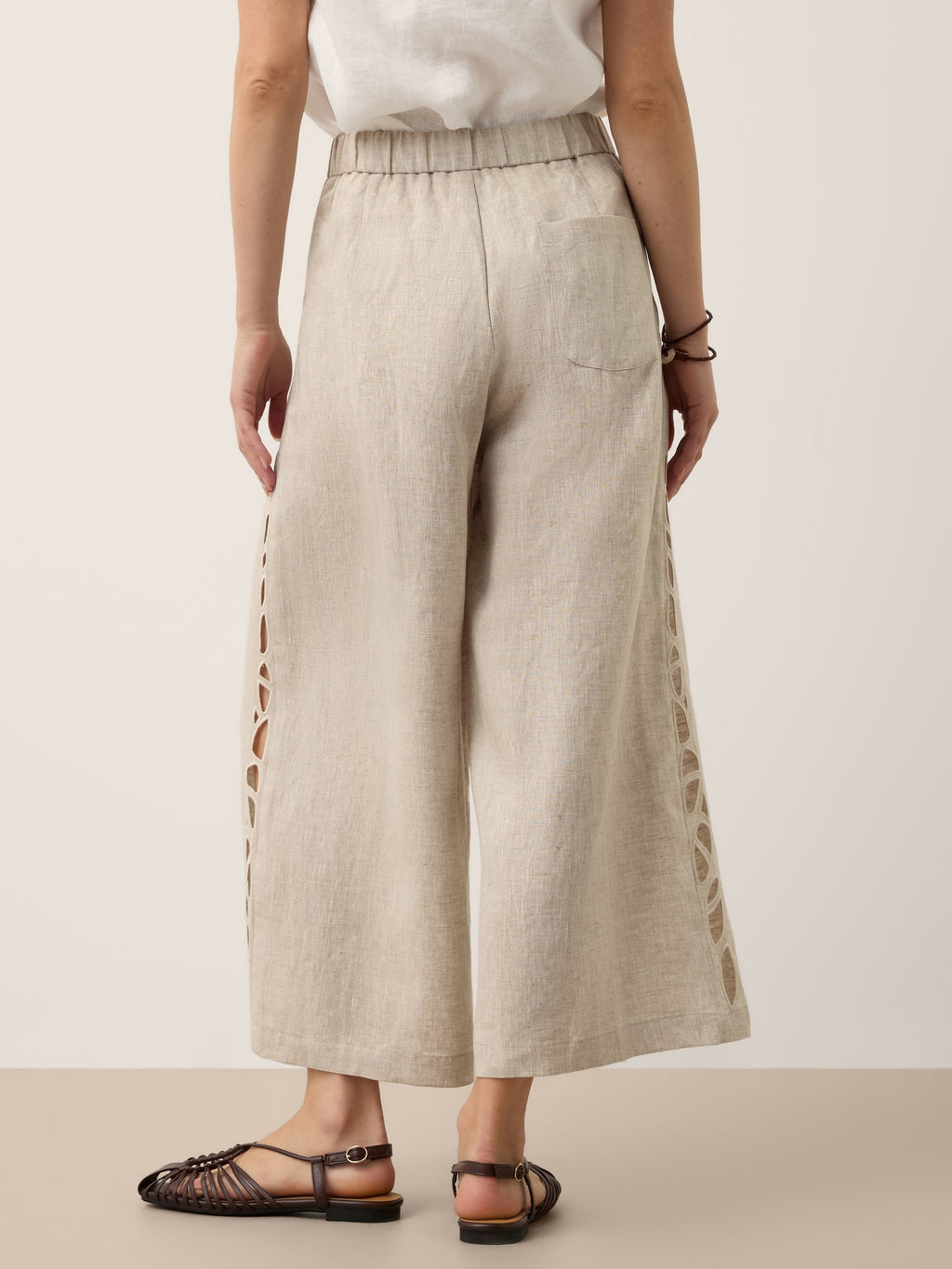 100% Linen Cutwork Side Detail Elasticated Waist Cropped Wide Leg Pants RAMONA