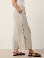 100% Linen Cutwork Side Detail Elasticated Waist Cropped Wide Leg Pants RAMONA