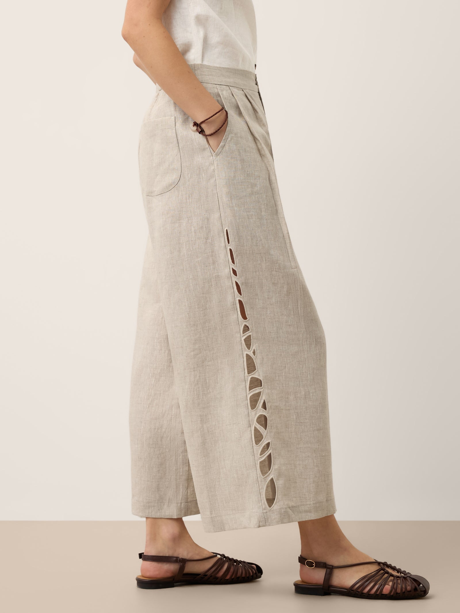 100% Linen Cutwork Side Detail Elasticated Waist Cropped Wide Leg Pants RAMONA