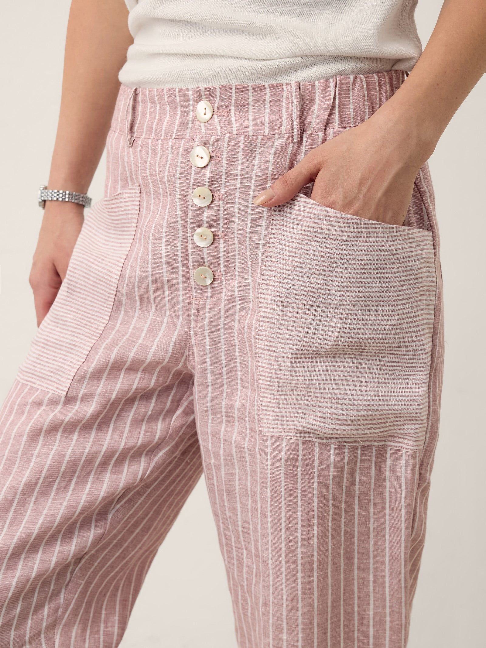100% Linen Striped Patch Pocket Tapered Pants NERISSAH