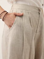 100% Linen Cutwork Side Detail Elasticated Waist Cropped Wide Leg Pants RAMONA