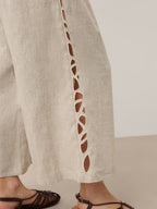 100% Linen Cutwork Side Detail Elasticated Waist Cropped Wide Leg Pants RAMONA