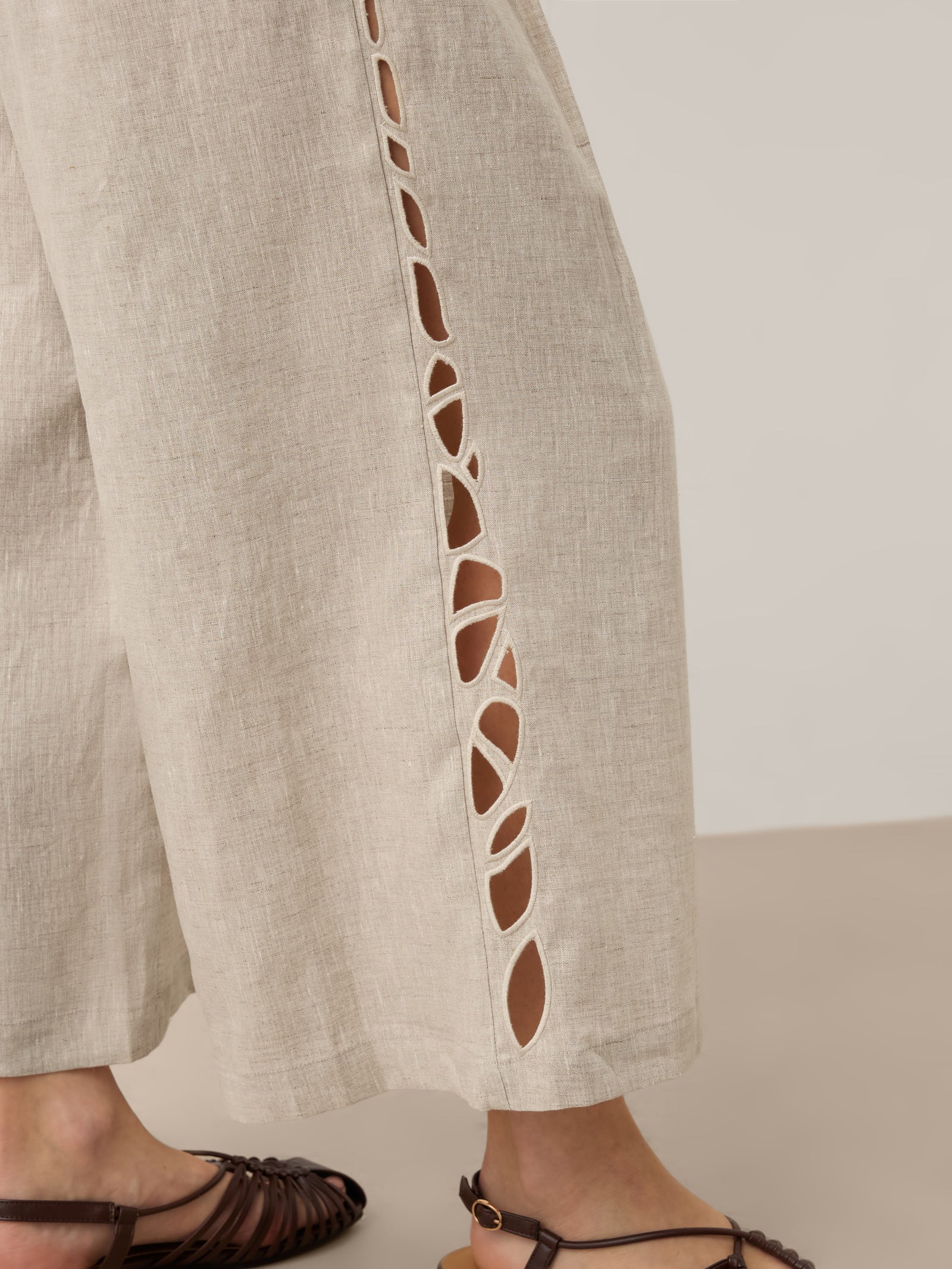 100% Linen Cutwork Side Detail Elasticated Waist Cropped Wide Leg Pants RAMONA