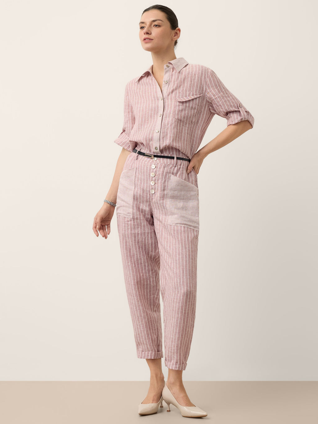 100% Linen Striped Patch Pocket Tapered Pants NERISSAH