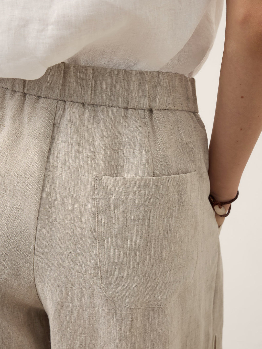 100% Linen Cutwork Side Detail Elasticated Waist Cropped Wide Leg Pants RAMONA