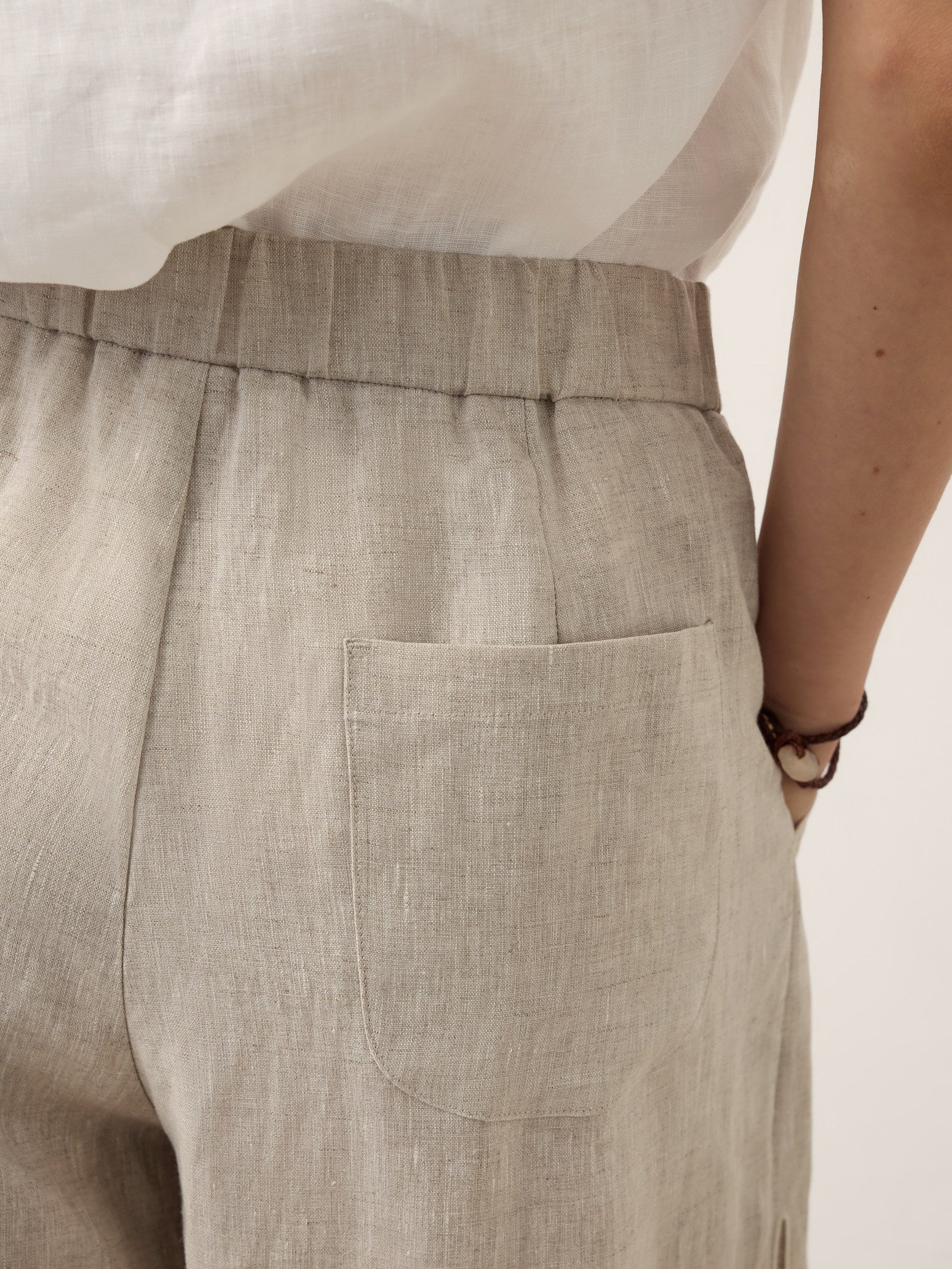 100% Linen Cutwork Side Detail Elasticated Waist Cropped Wide Leg Pants RAMONA
