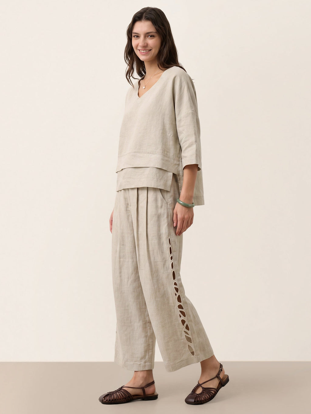 100% Linen Cutwork Side Detail Elasticated Waist Cropped Wide Leg Pants RAMONA
