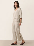 100% Linen Cutwork Side Detail Elasticated Waist Cropped Wide Leg Pants RAMONA