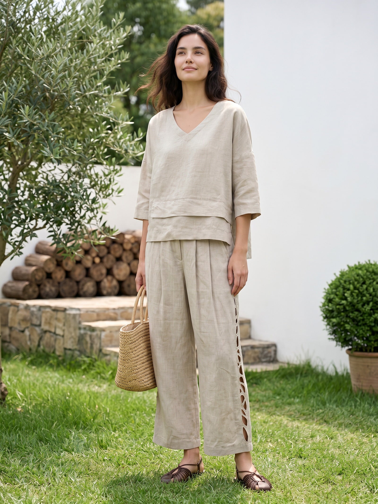100% Linen Cutwork Side Detail Elasticated Waist Cropped Wide Leg Pants RAMONA