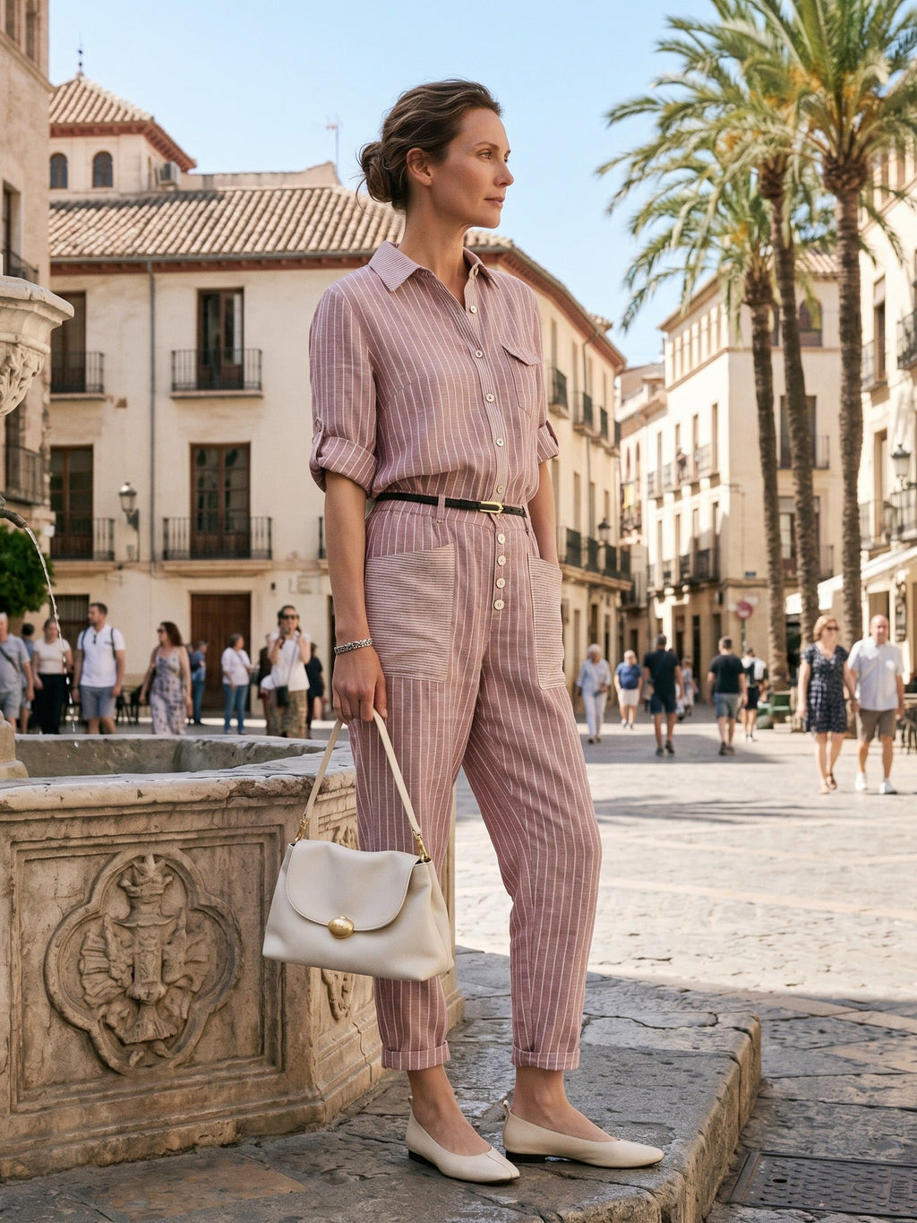 100% Linen Striped Patch Pocket Tapered Pants NERISSAH