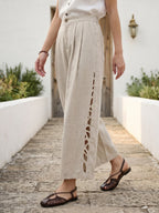 100% Linen Cutwork Side Detail Elasticated Waist Cropped Wide Leg Pants RAMONA